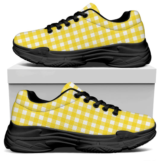 Yellow And White Check Pattern Print Black Chunky Shoes