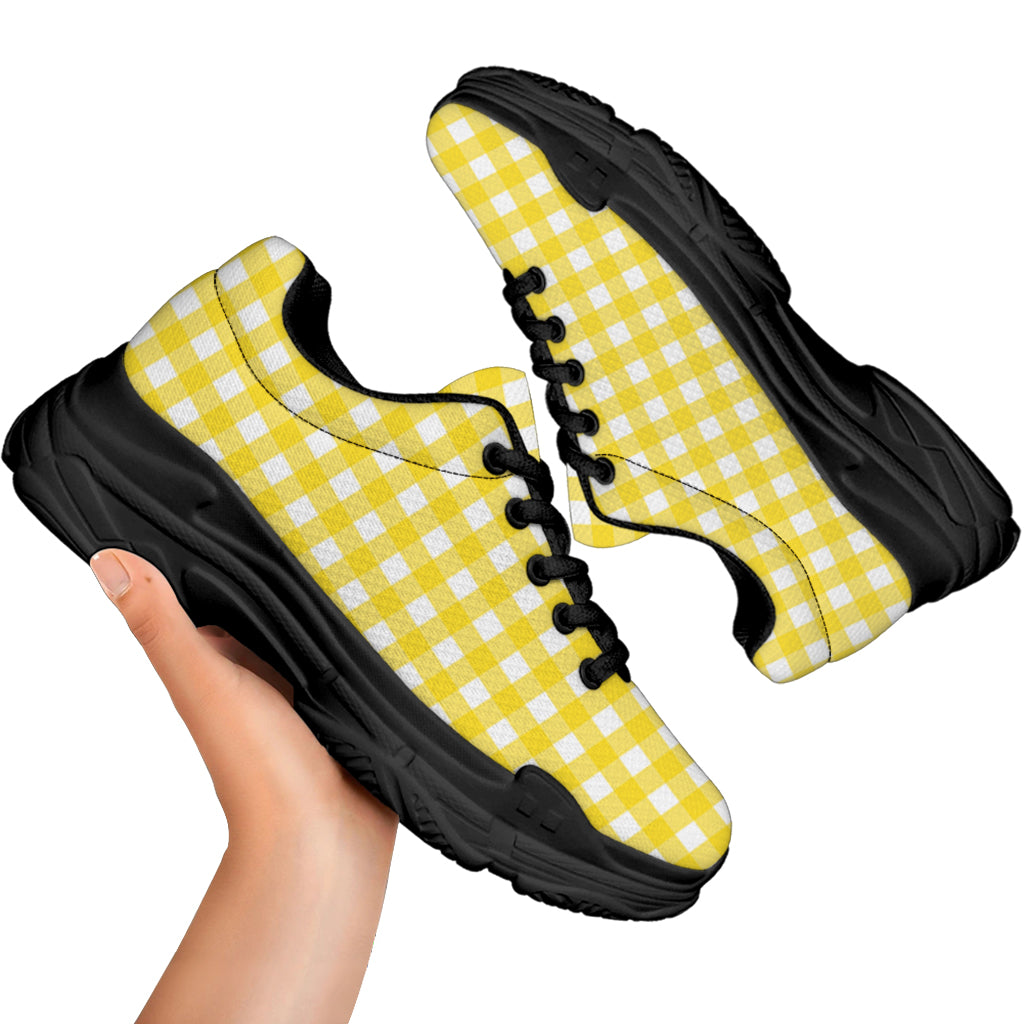 Yellow And White Check Pattern Print Black Chunky Shoes