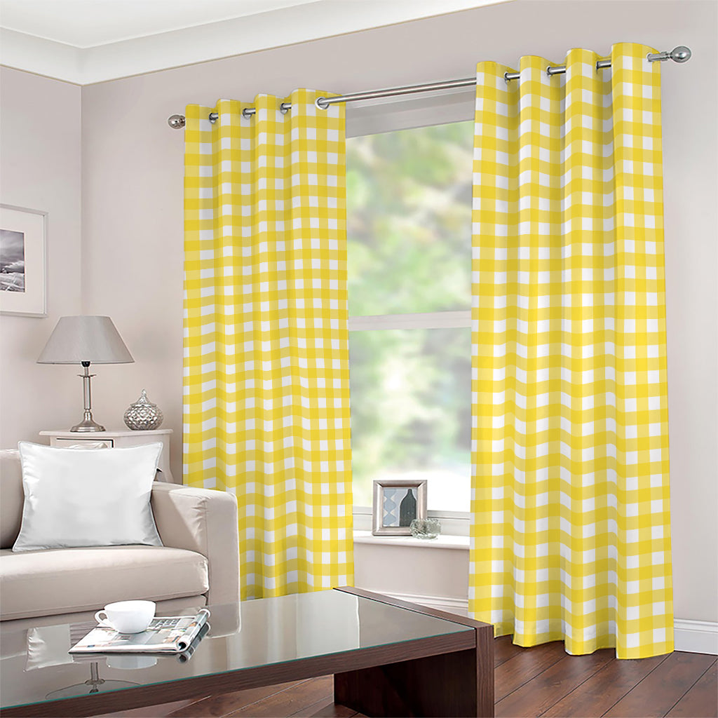 Yellow And White Check Pattern Print Blackout Grommet Curtains