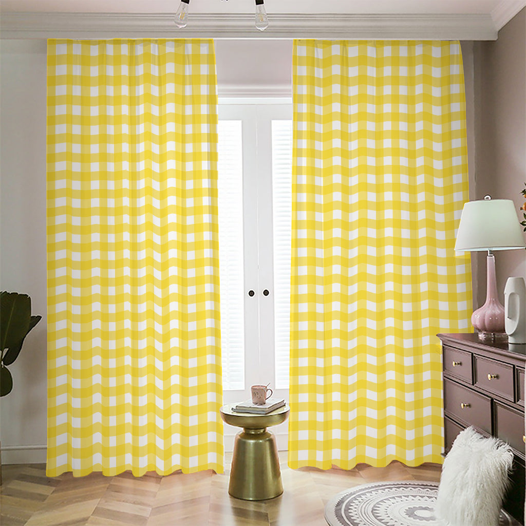 Yellow And White Check Pattern Print Blackout Pencil Pleat Curtains