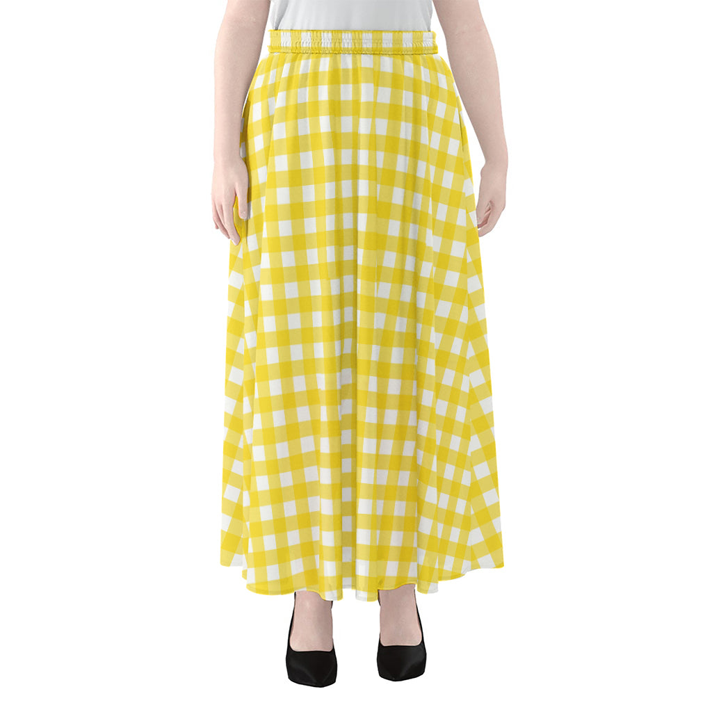 Yellow And White Check Pattern Print Chiffon Maxi Skirt