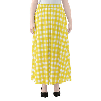 Yellow And White Check Pattern Print Chiffon Maxi Skirt