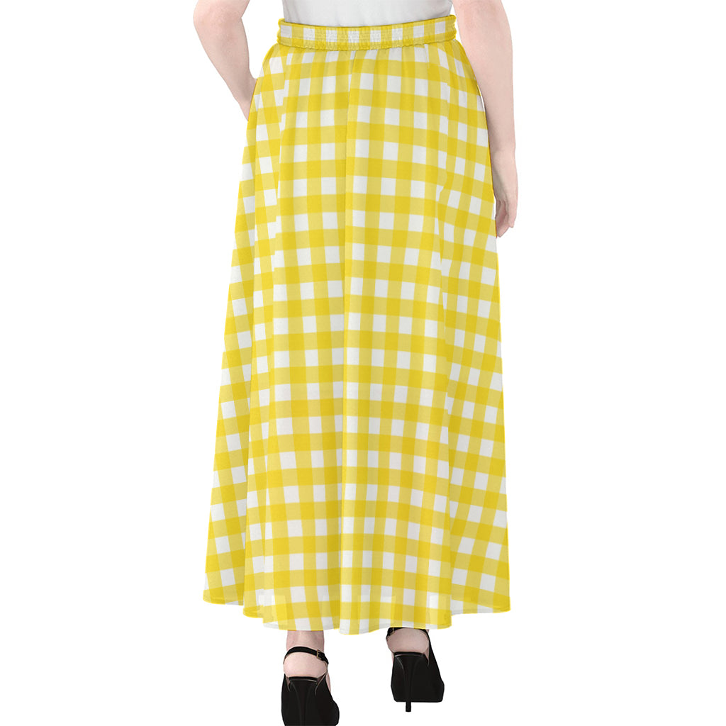 Yellow And White Check Pattern Print Chiffon Maxi Skirt