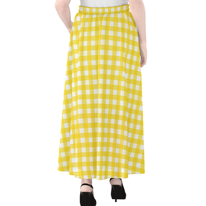Yellow And White Check Pattern Print Chiffon Maxi Skirt