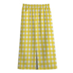 Yellow And White Check Pattern Print Cotton Front Slit Maxi Skirt