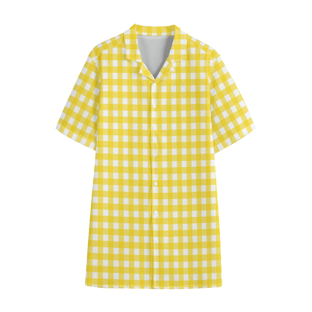 Yellow And White Check Pattern Print Cotton Hawaiian Shirt