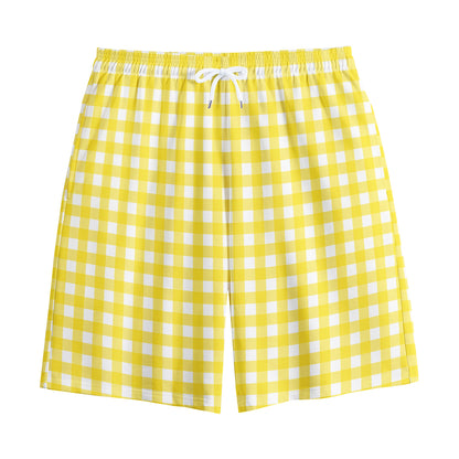 Yellow And White Check Pattern Print Cotton Shorts