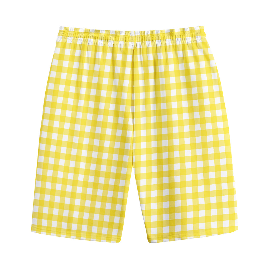 Yellow And White Check Pattern Print Cotton Shorts