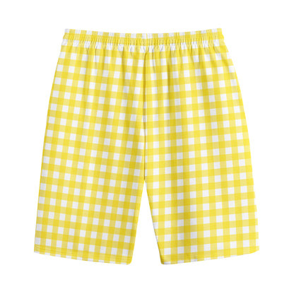 Yellow And White Check Pattern Print Cotton Shorts