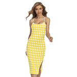 Yellow And White Check Pattern Print Cross Back Cami Dress