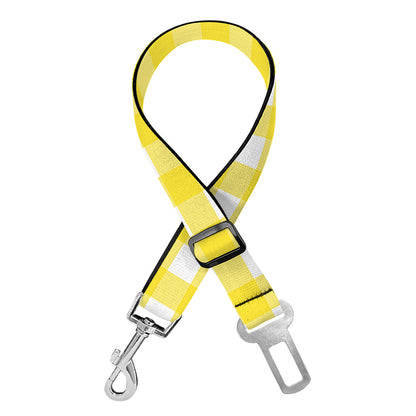 Yellow And White Check Pattern Print Dog Seat Belt