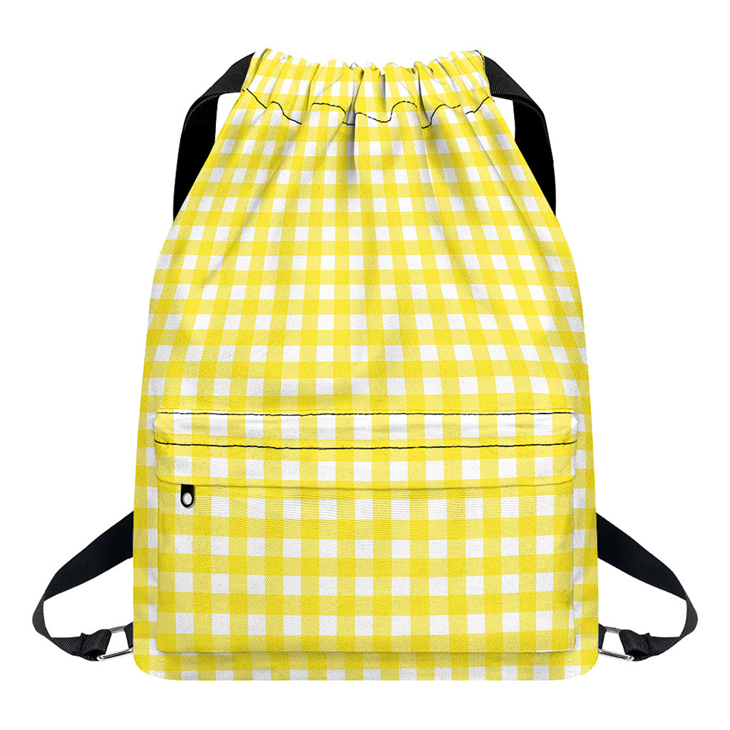 Yellow And White Check Pattern Print Drawstring Backpack