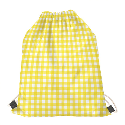 Yellow And White Check Pattern Print Drawstring Bag