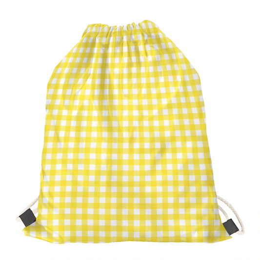 Yellow And White Check Pattern Print Drawstring Bag