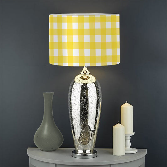 Yellow And White Check Pattern Print Drum Lamp Shade