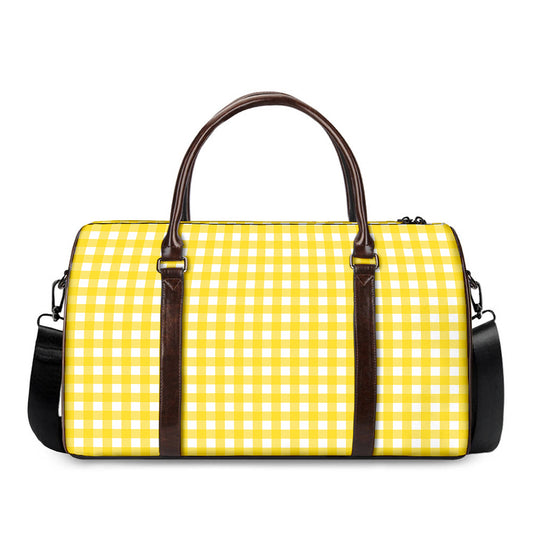Yellow And White Check Pattern Print Duffle Bag