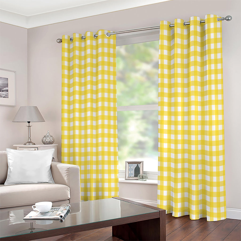 Yellow And White Check Pattern Print Extra Wide Grommet Curtains