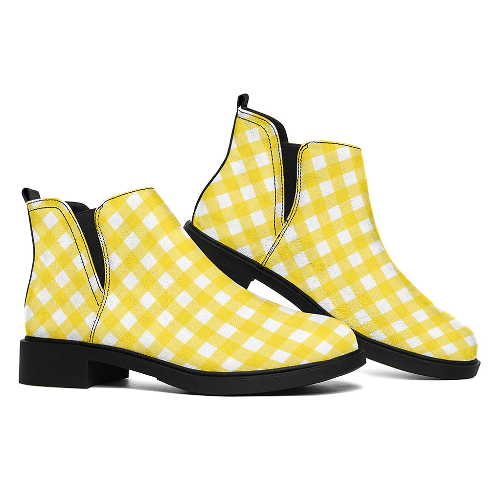 Yellow And White Check Pattern Print Flat Ankle Boots