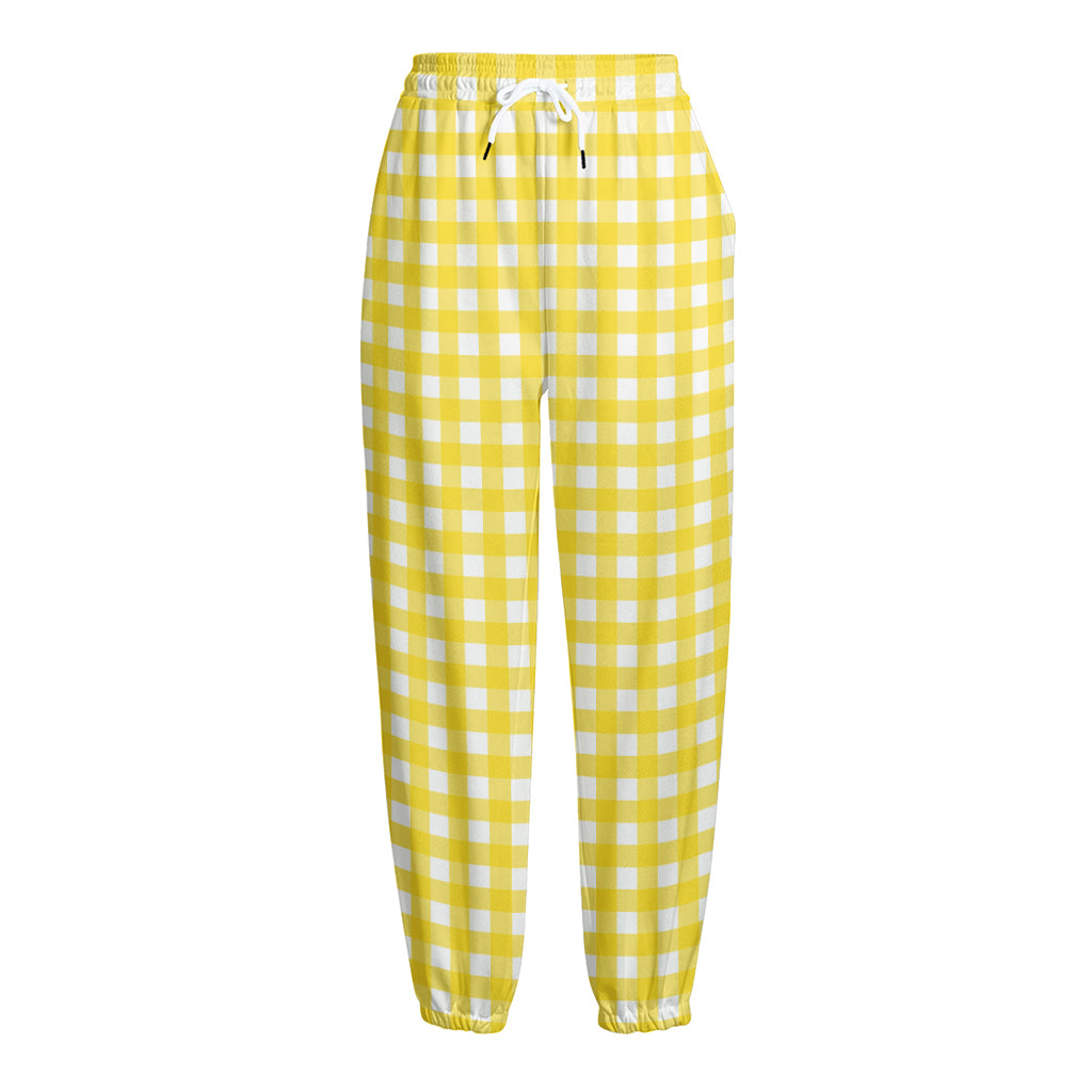 Yellow And White Check Pattern Print Fleece Lined Knit Pants