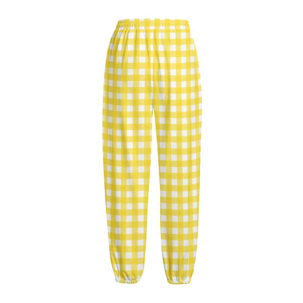 Yellow And White Check Pattern Print Fleece Lined Knit Pants