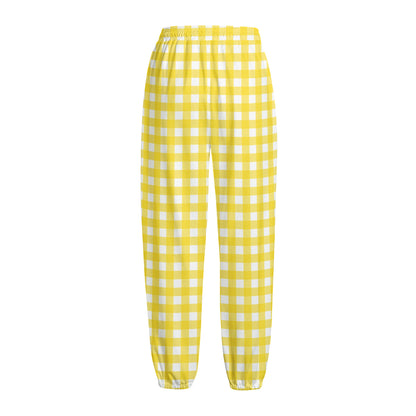 Yellow And White Check Pattern Print Fleece Lined Knit Pants