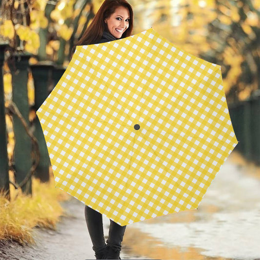 Yellow And White Check Pattern Print Foldable Umbrella