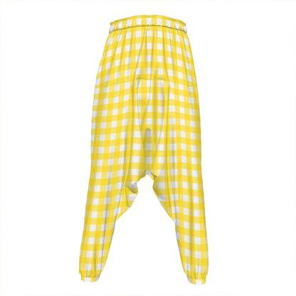 Yellow And White Check Pattern Print Hammer Pants