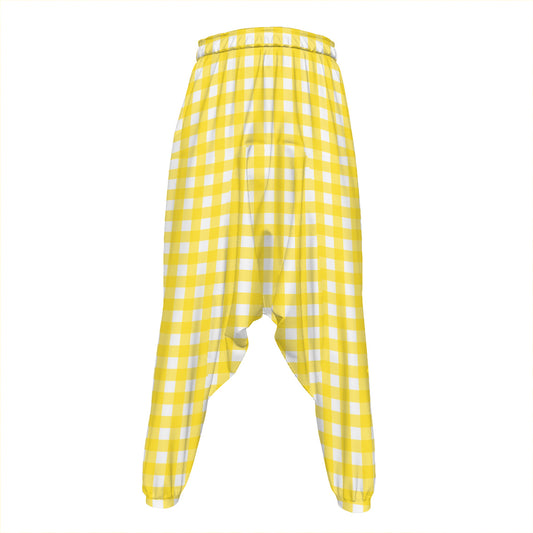 Yellow And White Check Pattern Print Hammer Pants