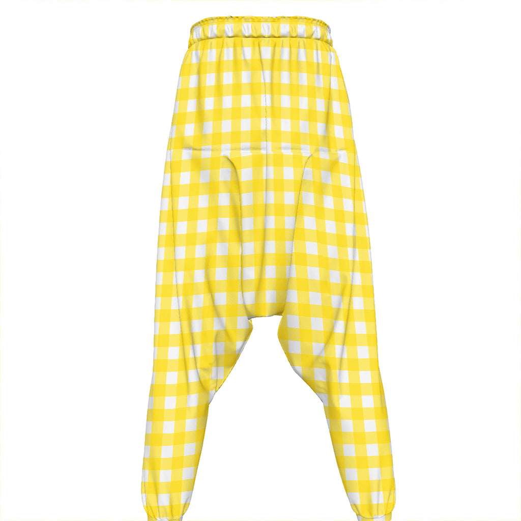 Yellow And White Check Pattern Print Hammer Pants