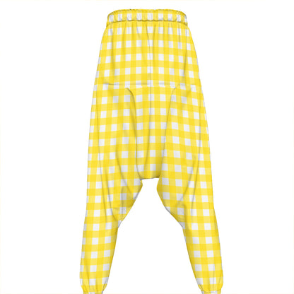 Yellow And White Check Pattern Print Hammer Pants