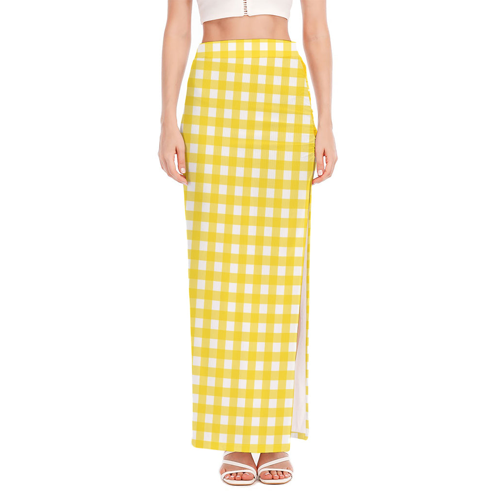 Yellow And White Check Pattern Print High Slit Maxi Skirt