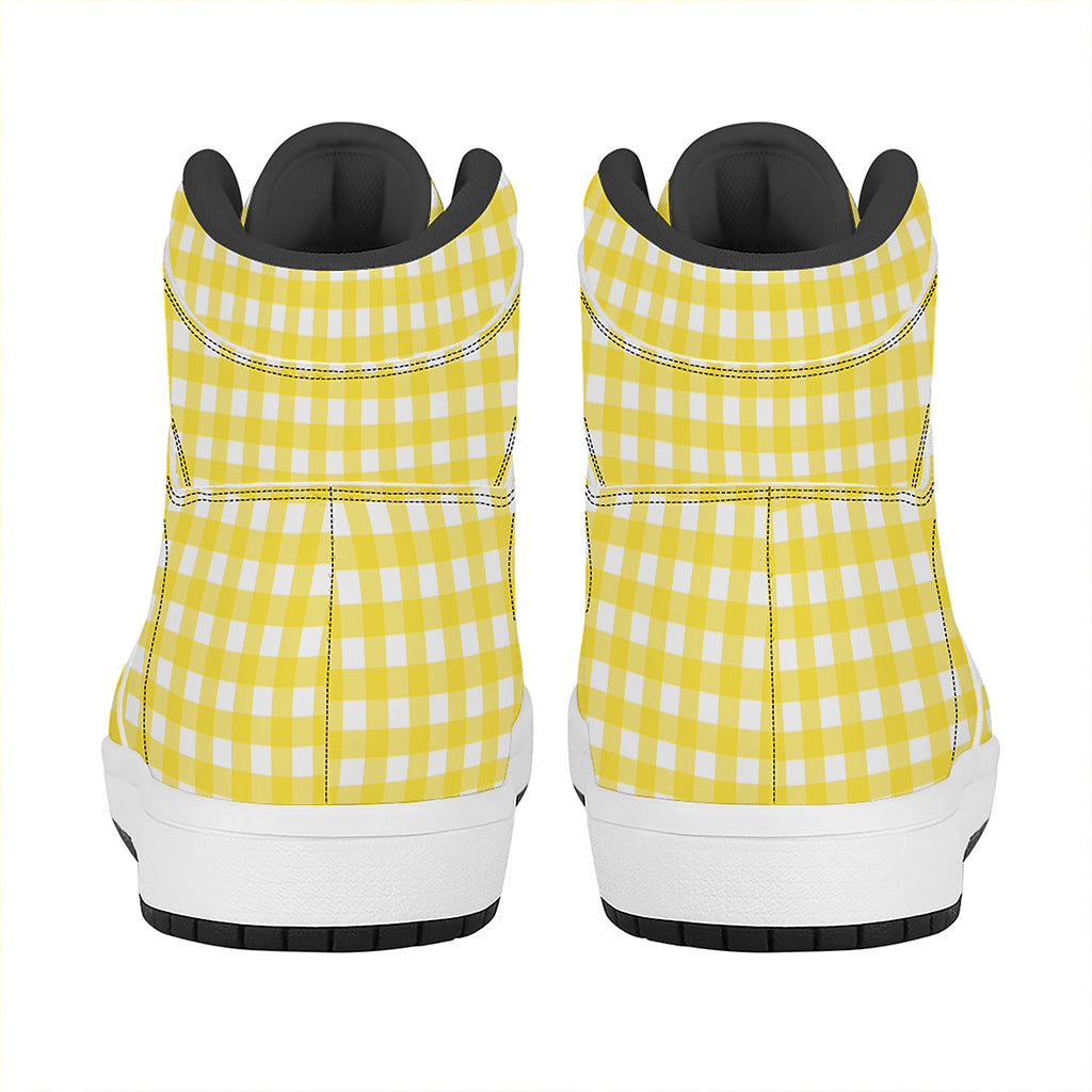 Yellow And White Check Pattern Print High Top Leather Sneakers
