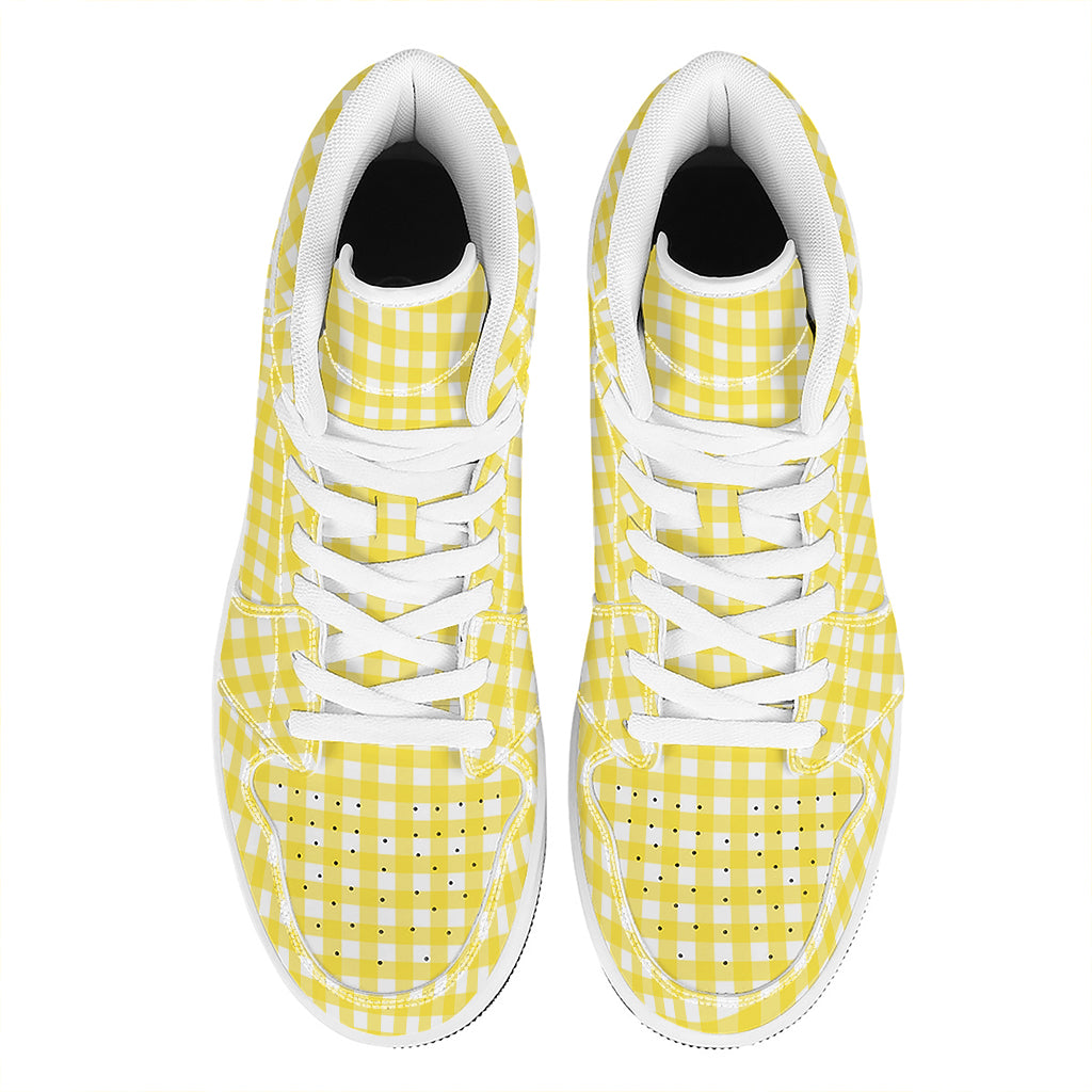 Yellow And White Check Pattern Print High Top Leather Sneakers