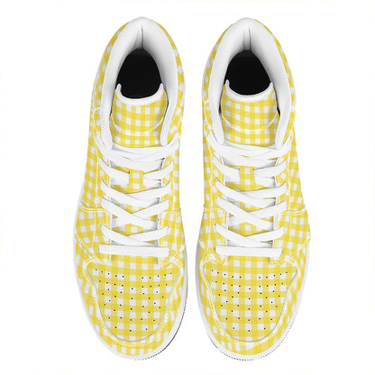 Yellow And White Check Pattern Print High Top Leather Sneakers