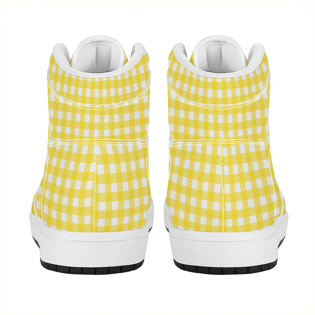 Yellow And White Check Pattern Print High Top Leather Sneakers