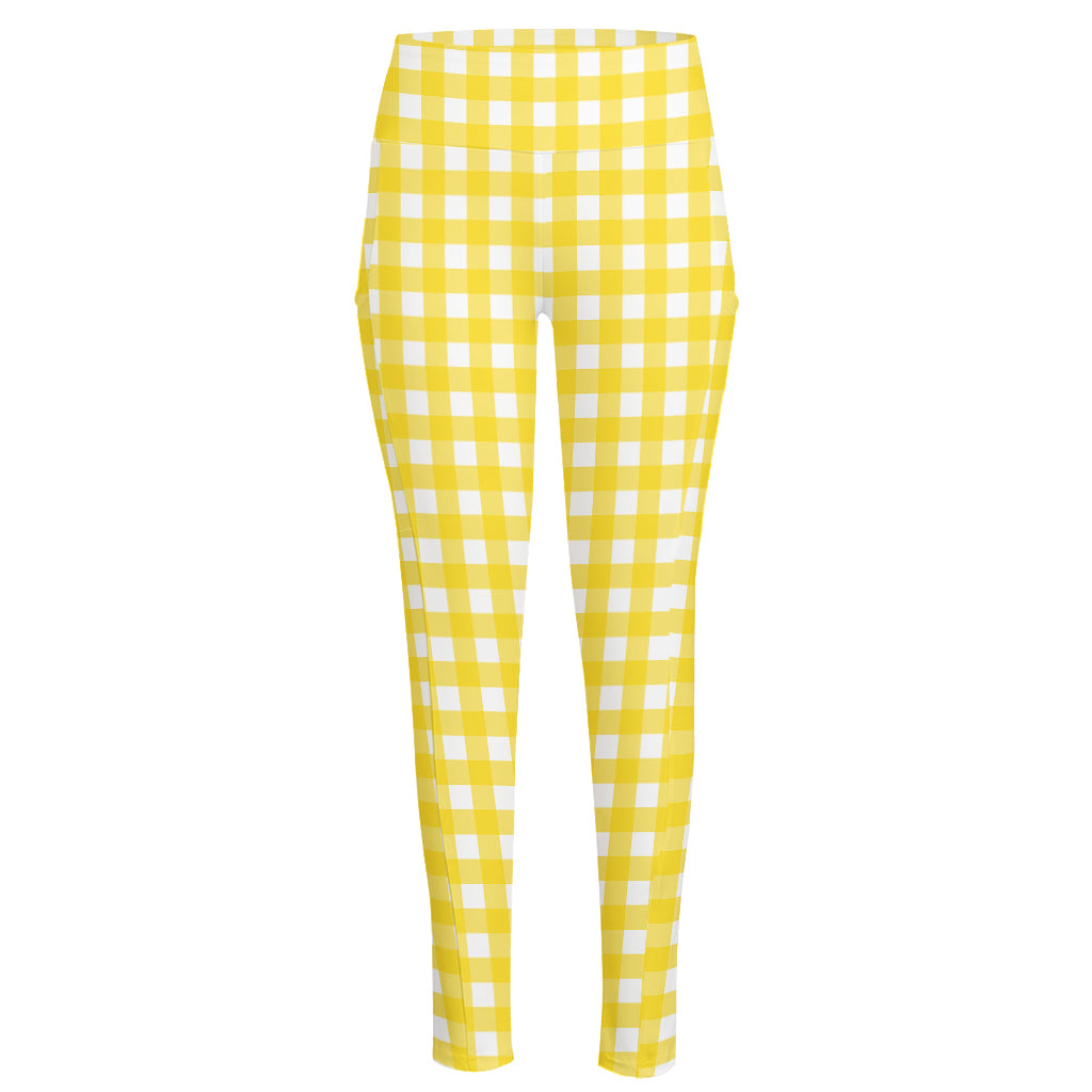 Yellow And White Check Pattern Print High-Waisted Pocket Leggings