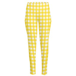 Yellow And White Check Pattern Print High-Waisted Pocket Leggings