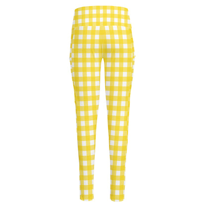 Yellow And White Check Pattern Print High-Waisted Pocket Leggings
