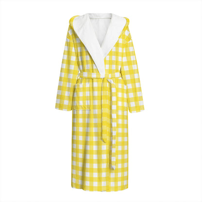 Yellow And White Check Pattern Print Hooded Bathrobe