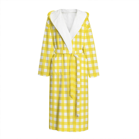 Yellow And White Check Pattern Print Hooded Bathrobe