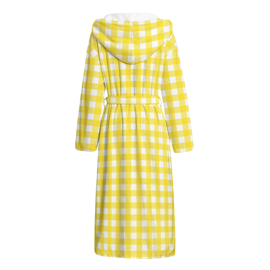 Yellow And White Check Pattern Print Hooded Bathrobe