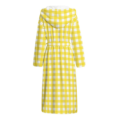 Yellow And White Check Pattern Print Hooded Bathrobe