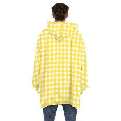 Yellow And White Check Pattern Print Hoodie Blanket