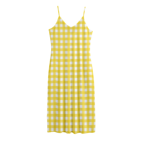 Yellow And White Check Pattern Print Jersey Midi Cami Dress