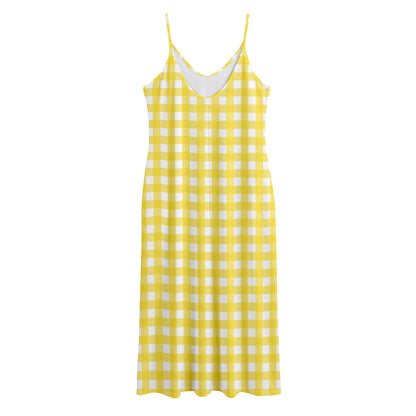 Yellow And White Check Pattern Print Jersey Midi Cami Dress