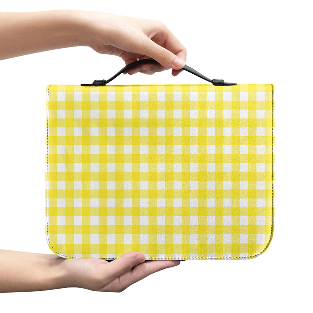 Yellow And White Check Pattern Print Leather Bible Cover