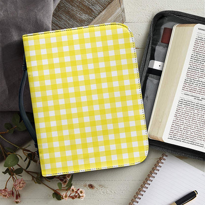Yellow And White Check Pattern Print Leather Bible Cover