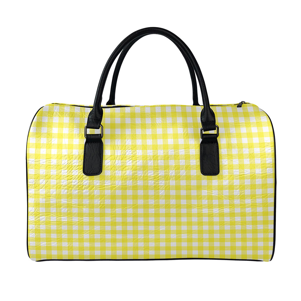 Yellow And White Check Pattern Print Leather Duffle Bag