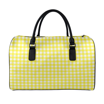 Yellow And White Check Pattern Print Leather Duffle Bag