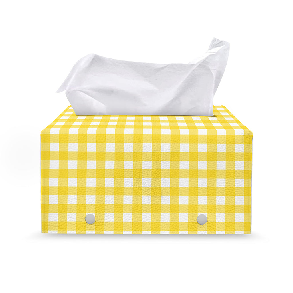 Yellow And White Check Pattern Print Leather Tissue Box Cover